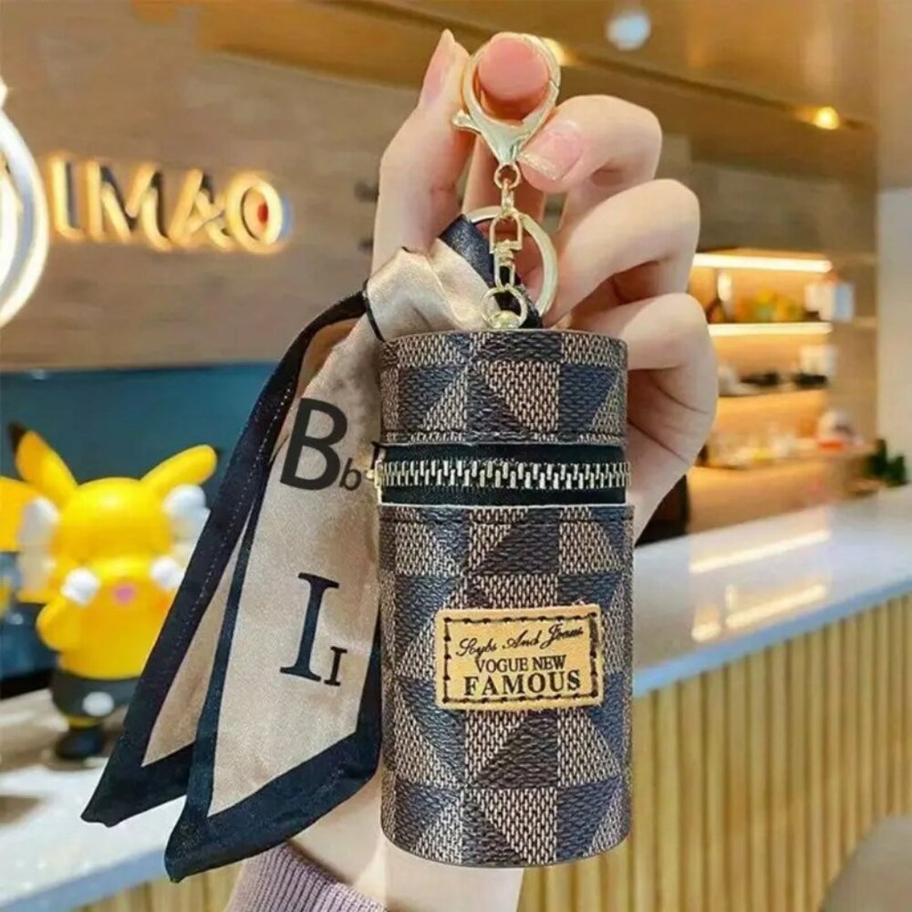 Mini Bag Charm Keychain Checkered Lipstick Earbuds Holder Scarf Zipper Pouch - Picture 3 of 7